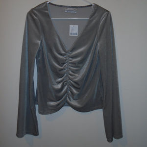UO Marie Cinched V-Neck Velvet Top Silver